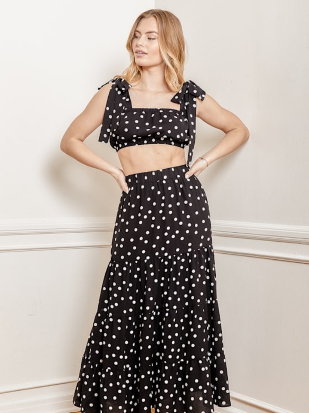 Lulus Visions Of Style Black Polka Dot Two-piece Maxi Dress - Size XS